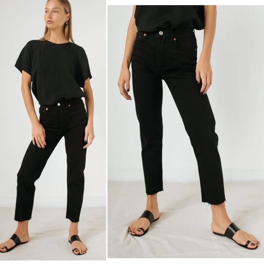 RE/DONE High Rise 70s Stove Pipe Straight Leg Jeans Faded Black Raw Hem Sz 30
